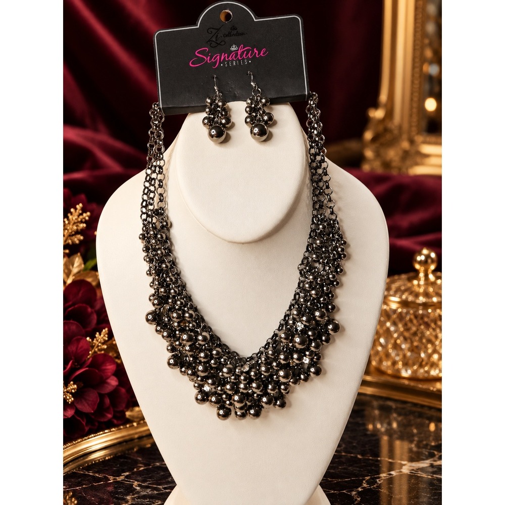 Paparazzi Zi Collection Signature Series Gunmetal Bib Necklace Earring Set